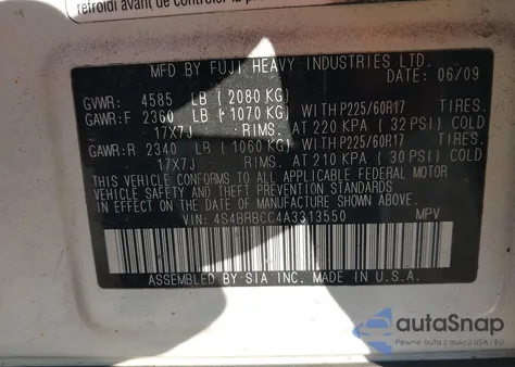 2010 Subaru Outback 2.5I Premium from USA, damaged, VIN 4S4BRBCC4A3313550